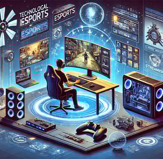 Um jogador imerso em um ambiente futurista com tecnologia avançada de jogos, incluindo hologramas