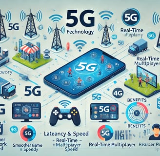 5G e seus benefícios para jogos móveis, incluindo latência reduzida e jogabilidade em tempo real.