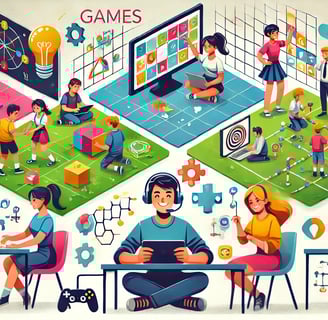 Estudantes engajados em atividades educacionais por meio de jogos, como resolução de quebra-cabeças 