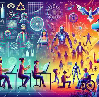 à esquerda, um grupo diverso de desenvolvedores trabalhando com ferramentas holográficas