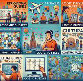 Categorias de jogos educativos ilustrados: jogos de disciplinas acadêmicas, simuladores, etc.