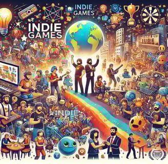 sintetiza o impacto dos jogos indie, destacando desenvolvedores, fãs e a criatividade contínua