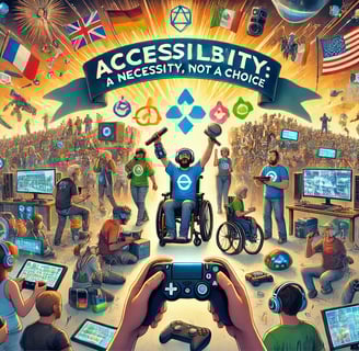 comunidade global celebrando a acessibilidade nos jogos, com ferramentas adaptadas e um banner desta