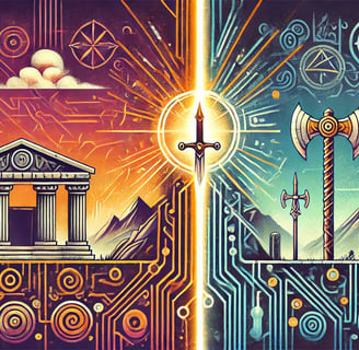 Linha do tempo abstrata mostrando a transição da mitologia grega para a nórdica em uma franquia.