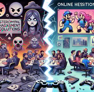 à esquerda, uma cena sombria com personagens estereotipados e símbolos de assédio online