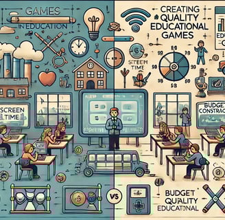 Divisão ilustrativa destacando uma sala de aula com tecnologia limitada e preocupações como tempo