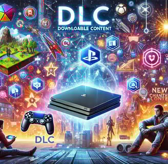 console cercado por ícones de DLCs, incluindo mapas e armas, com paisagens de diferentes gêneros
