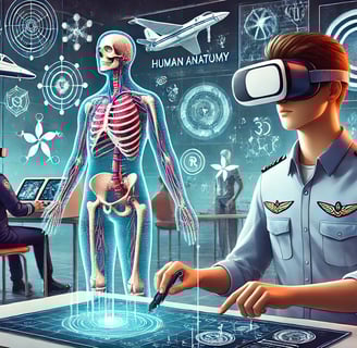 Estudante explorando anatomia em 3D com RV e um piloto treinando em um simulador de voo