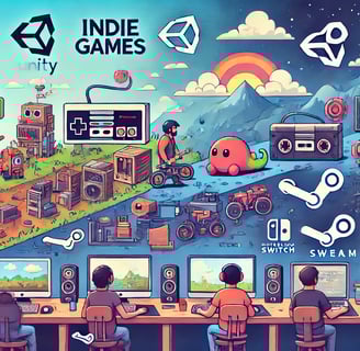 evolution of indie games, transitioning from retro 8-bit graphics to vibrant modern 