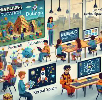 Estudantes engajados em atividades educacionais usando Minecraft Education , Duolingo.