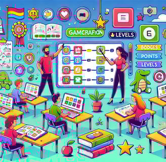 Sala de aula gamificada com alunos ganhando recompensas digitais, como emblemas e pontos