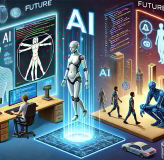 Ilustração futurista sobre desafios e o futuro da IA ​​nos jogos, com desenvolvedores, dilemas ético