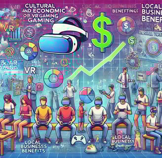Evento cultural com participantes usando dispositivos de RV e RA, anúncios holográficos e símbolos 