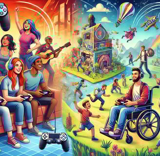 à esquerda, jogadores diversos interagindo com consoles, incluindo pessoas de diferentes etnias