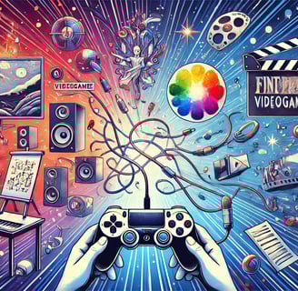 console de videogame no centro conectado por luzes a uma pintura, um palco de concerto e um filme