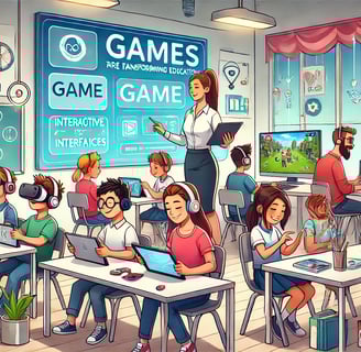 Estudantes em uma sala de aula moderna aprendendo com jogos interativos em tablets e dispositivos.