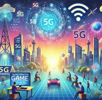 cidade com jogadores em smartphones, hologramas e torres 5G simbolizando o impacto do mobile gaming.