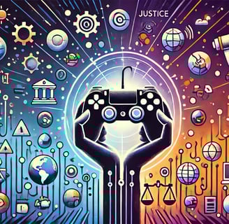 Representação dos jogos como ferramentas de protesto, com ícones de justiça, clima e ativismo