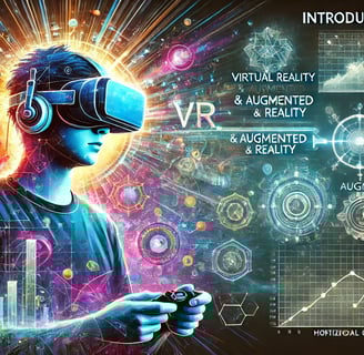 Jogador com óculos VR em um ambiente holográfico de AR, com gráficos e linhas do tempo flutuantes