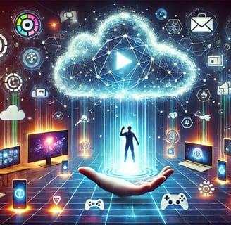 nuvem brilhante transmitindo ícones de jogos para dispositivos com um jogador usando controles holog