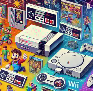 Consoles icônicos NES, PS1 e Wii, destacando suas inovações com jogos 8-bit, gráficos 3D e controles