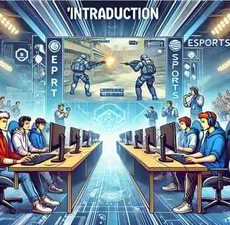 Uma cena vibrante de jogadores competindo em uma arena de eSports com telas exibindo visuais de game