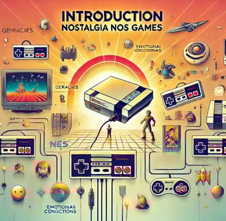 consoles clássicos como NES e Sega Genesis ao lado de elementos modernos de jogos, com personagens