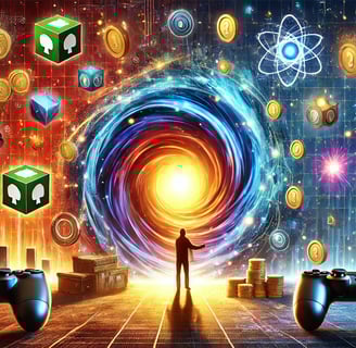 portal brilhante cercado por ícones de games e um jogador em destaque, representando a introdução