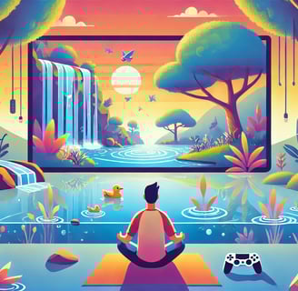 Representação de um jogador relaxando em um ambiente sereno, conectado a um mundo virtual tranquilo.