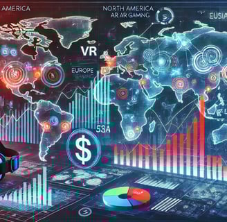Mapa mundial com hologramas destacando mercados de RV e RA em regiões como América do Norte, Europa 