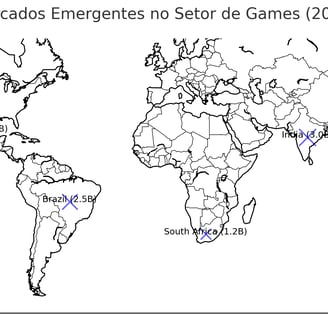 Mapa mundial destacando mercados emergentes como Brasil, Índia, África do Sul, Indonésia e México