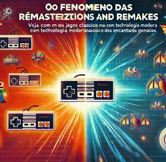 jogos clássicos em pixels evoluindo para versões modernas remasterizadas, com controles e um brilho 