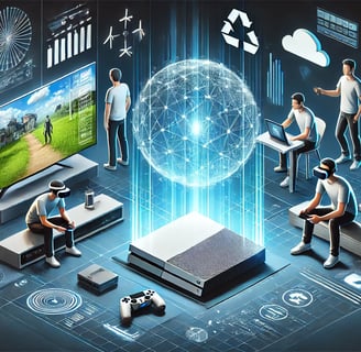 Consoles futuristas com hologramas, VR leve, e recursos sustentáveis, destacando tendências.