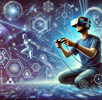 Representação de um jogador usando VR em um ambiente futurista com elementos de IA