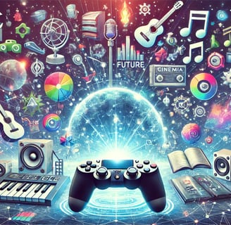 console futurista cercado por hologramas de música, cinema e literatura, em um ambiente de tons
