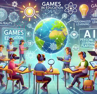Cenário futurístico com estudantes utilizando VR, AR e IA para aprendizado personalizado.