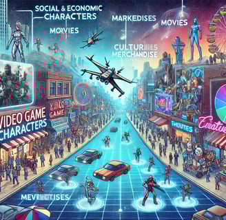 Personagens fictícios de videogames aparecem como marcas em painéis publicitários, vitrines de lojas