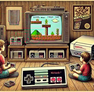 Cena nostálgica de uma sala dos anos 1980 com um Nintendo Entertainment System e uma criança jogando