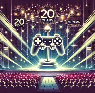 Palco iluminado com troféu em formato de joystick, banners comemorativos e uma placa vibrante.