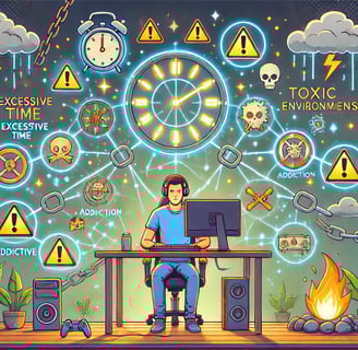 Pessoa em uma mesa de jogos cercada por ícones de alerta, como relógios, correntes e nuvens