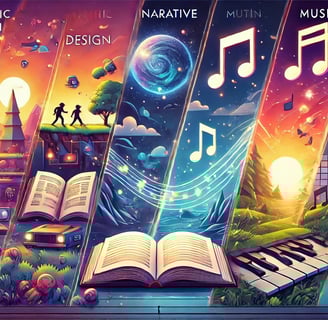 quatro partes que representam design visual, narrativa, música e gameplay, conectadas