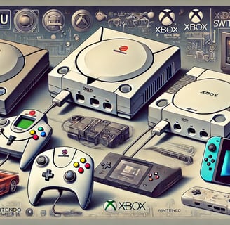 Dreamcast com VMU, Xbox destacando recursos online, e Nintendo Switch nos modos dock e portátil.