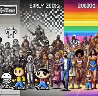 À esquerda, uma tela de arcade com personagens pixelados e estereotipados. 