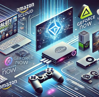principais plataformas de streaming de jogos, apresentando xCloud, GeForce Now, Amazon Luna e PS