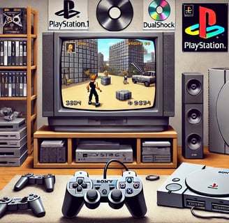 Sala dos anos 1990 com PlayStation 1, TV exibindo gráficos 3D genéricos