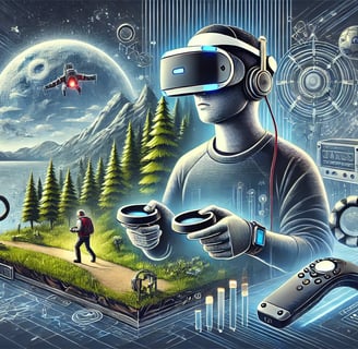 Pessoa com headset VR em um ambiente virtual 3D com elementos de florestas, montanhas e dispositivos