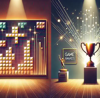 galeria de jogos digitais à esquerda e uma vitrine de prêmios à direita, conectadas por luzes