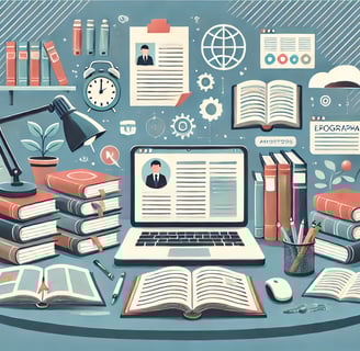 Representação de uma mesa com livros, laptop e ícones de conhecimento, ideal para uma seção de refer