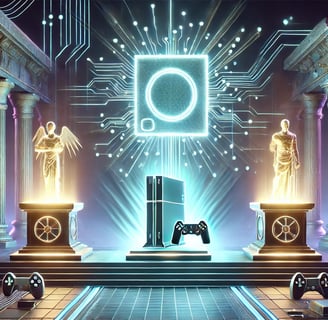 Três relíquias estendidas em pedestais representando uma trilogia de jogos remasterizados,.