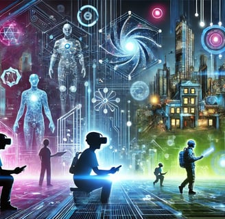 a group of people standing around a city